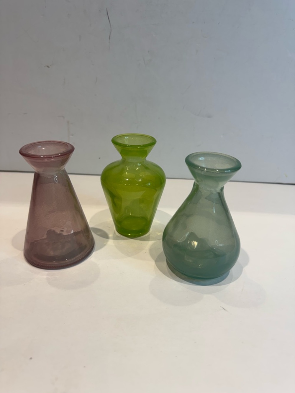 Set of 3 Colorful Hand-Blown Glass Bud Vases - Green, Blue, Purple - Picture 2 of 4